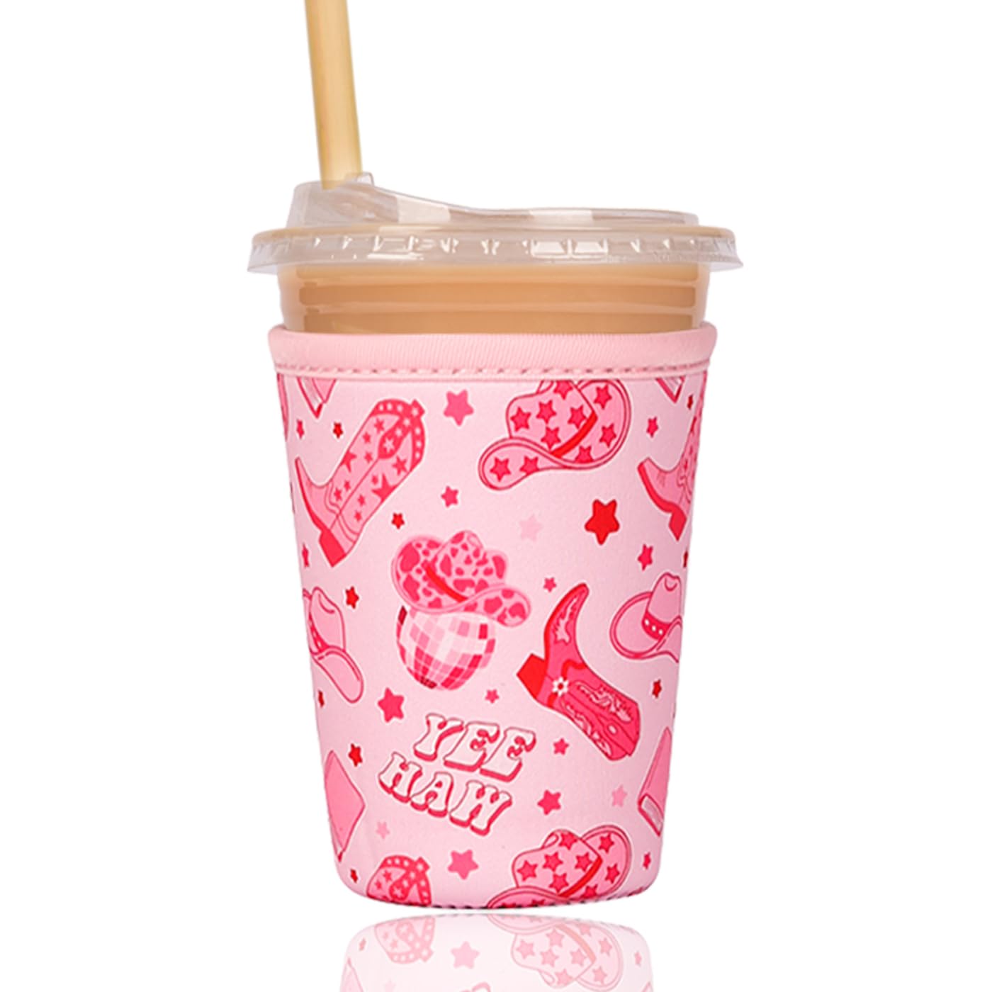 Reusable Insulated Sleeve for Iced Coffee Cup, Coffee Neoprene Sleeve for Cold &amp; Hot Drinks, Beverage Holder for Iced Coffee (Pink Cowgirl, Medium: 22-24oz)