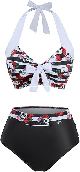 DRESSFO Womens Retro Bikini Set 2 Piece Halter Gothic Skull High Waist Tummy Control Vintage Tankini Bathing Suit