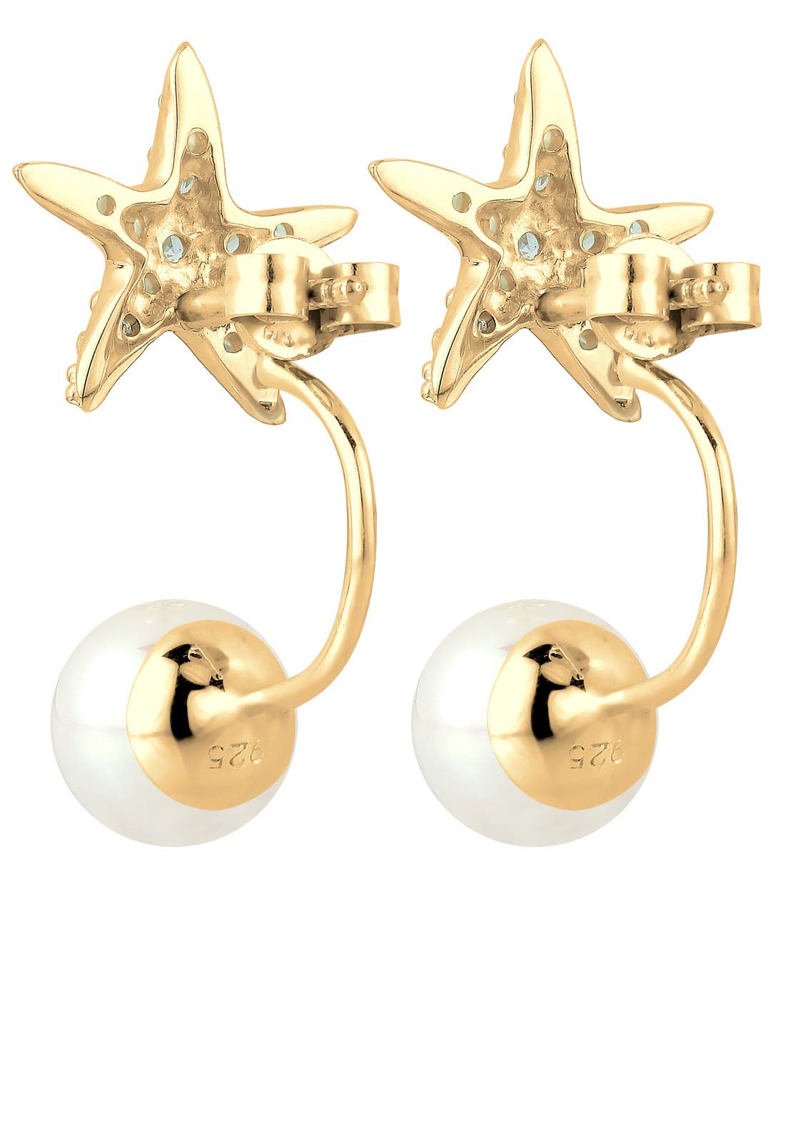 Elli Pendientes para mujer con forma de estrella de mar con perlas y cristales de circonita en plata de ley 925 chapada en oro, Corte facetado, Circonia cúbica