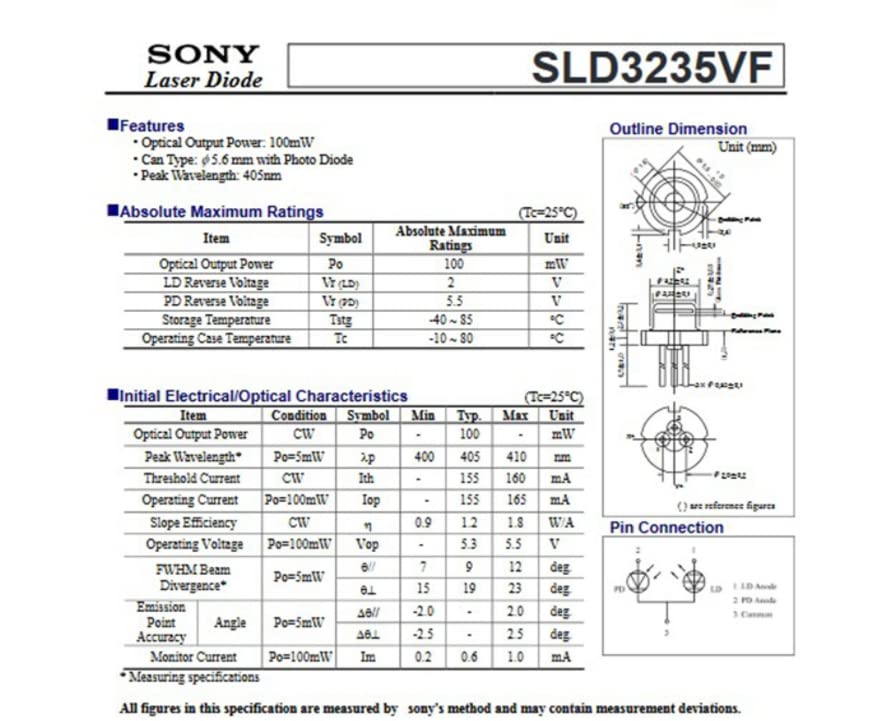 SLD3235VF Diode TO-18 for 5.6mm 100mW 405nm Violet/Blue Laser