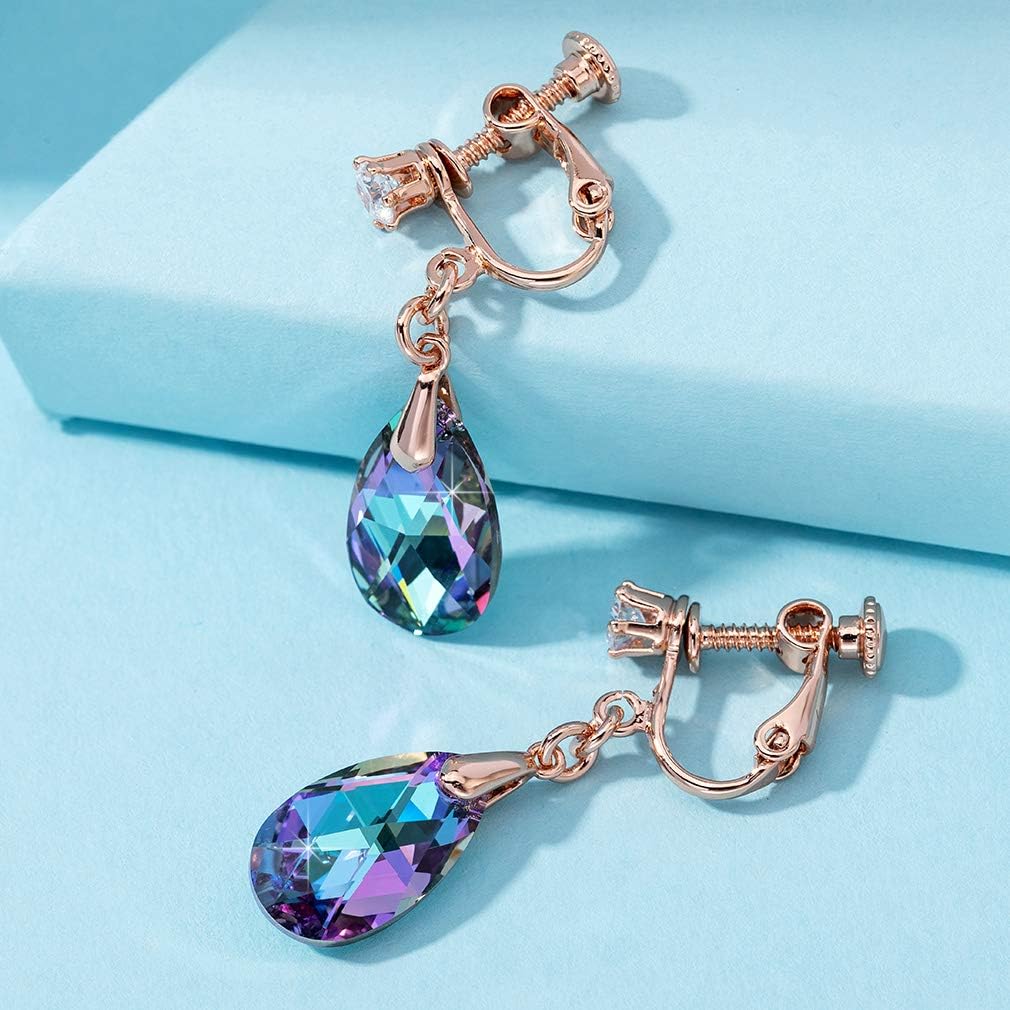 Teardrop Austrian Crystal Drop Clip On Dangle Earrings for Women Non Pierced 14K Rose Gold Plated Hypoallergenic Jewelry - Image 3