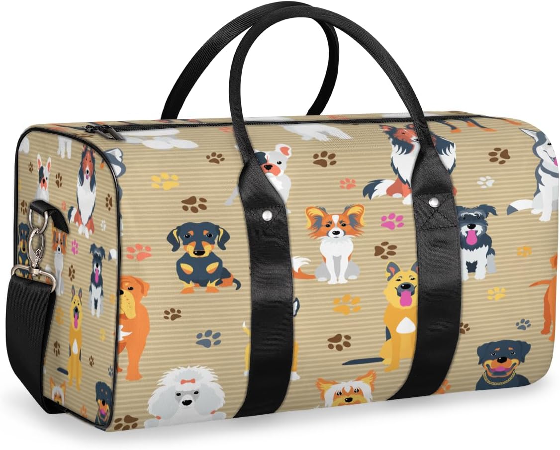 Striped Cartoon Dog Travel Duffel Bag for Women Men Large Capacity Overnight Weekender Bags for Lightweight Waterproof Sport Gym Bag for Workout Yoga Swim