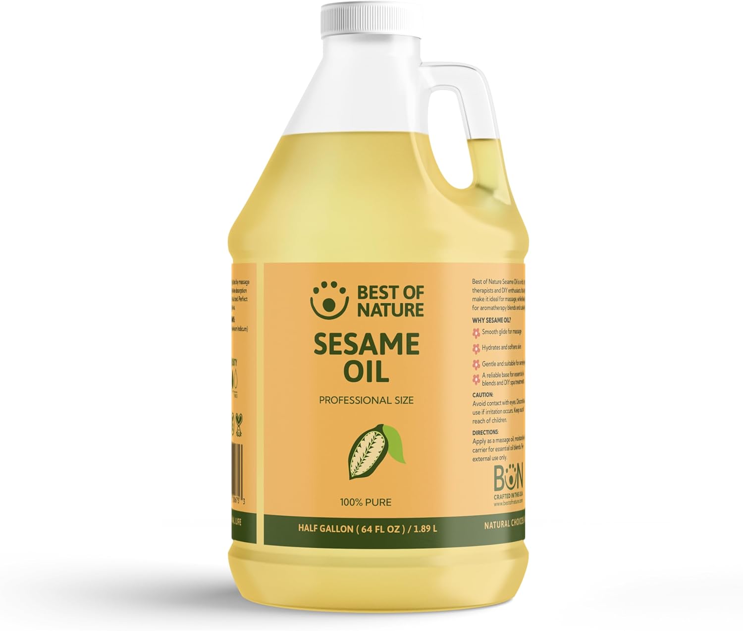 Best of Nature 100% Pure Sesame Oil – Natural Unscented Massage Oil, Deep Moisturizing Body & Skin Oil, Perfect Carrier Oil for Essential Oils, Half Gallon (64 fl oz)