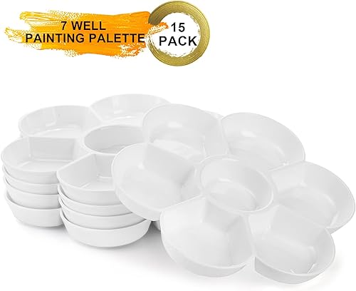 Miniatura 3 de ZENFUN Paquete de 15 paletas de pintura con 7 pozos, bandeja de mezcla de pintura de plástico blanco, plato de pintura de acuarela para arte al