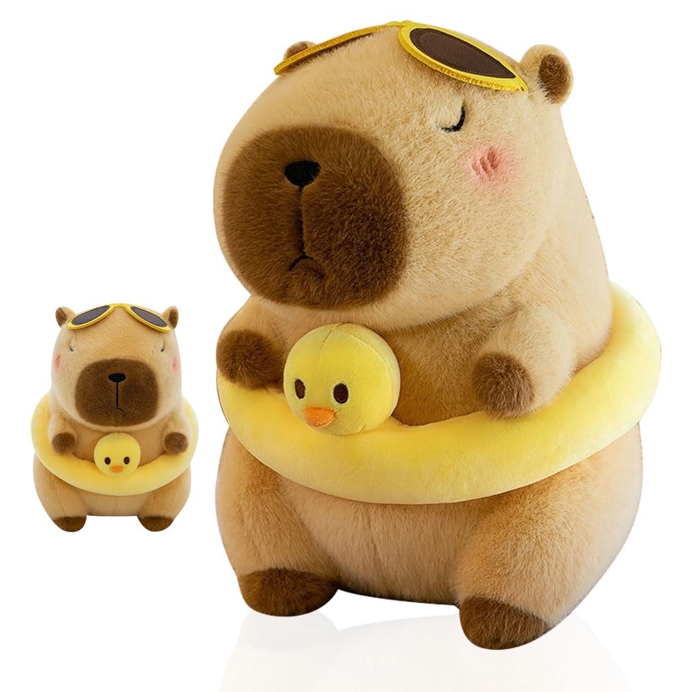 LUFEIS Capybara Plush Toy, 25cm Soft Capybara Stuffed Animal with Swimming Ring and Sunglasses, Cute Plushies for Hugging and Playing, Adorable Summer Capybara Gifts for Birthday, Home Decoration