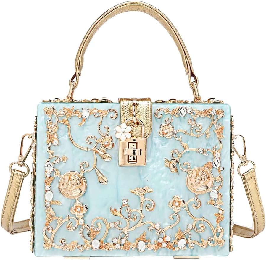 Women Evening Clutch Acrylic Square Box With Rhinestones Shoulder Crossbody Handbag