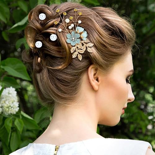 Miniatura 3 de inSowni Paquete de 20 peines laterales de boda con flores blancas y rosas y azules + horquillas para el cabello con flores y perlas en espiral,
