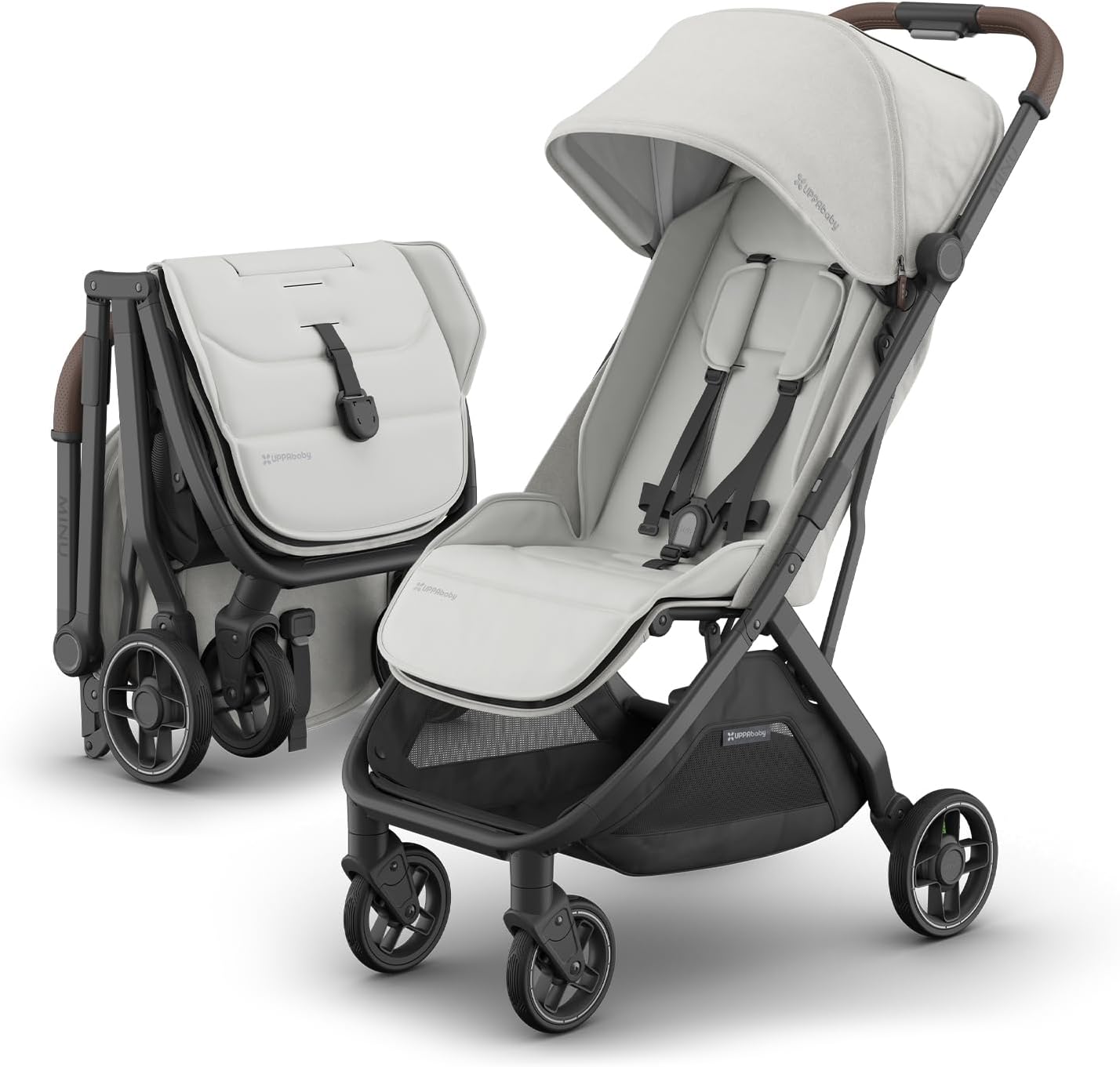 Minu V3 Travel Stroller | Lightweight + Compact Design | One-Hand Fold + Unfold | from Birth + Overhead Compatible | Savannah (Pearl Gray Mélange/Carbon Frame/Chestnut Leather)