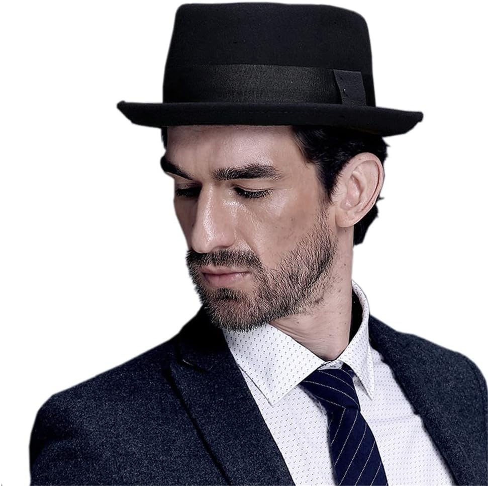 Youllyuu Men Wool Felt Pork Pie Fedora Hat Women Curved Brim Church Hat Ribbon Cylinder Hat