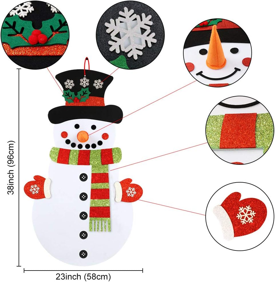 OurWarm Felt Snowman for Kids Wall, 3.2Ft Double-Sided DIY Felt Christmas Snowman Set with 35 Glitter Detachable Ornaments Xmas Gift for Toddlers Kids Christmas Home Door Wall Hanging Decorations