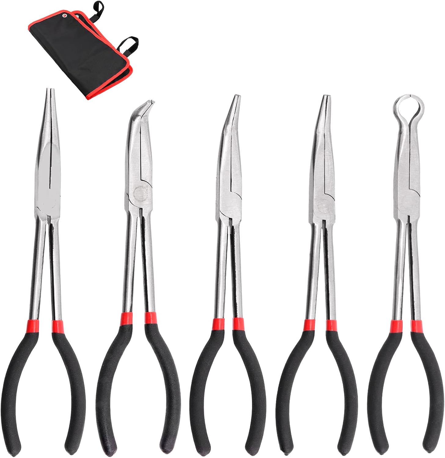 5Pcs 11 inch Long Needle Nose Pliers Set Automotive Heavy Duty Long Reach Hose Pliers - Straight, 25, 45, 90 Degree Angle, Circle for Easy Removing and Installing Spring Clips Lines Hoses