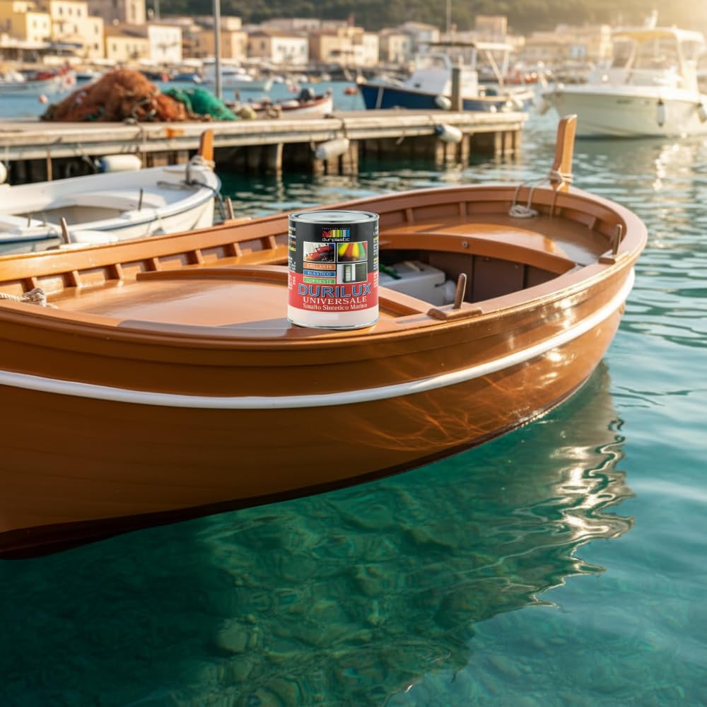 Durilux Smalto Universale Sintetico Marino Lucido, Protezione per Legno e Ferro, Finitura Brillante, Resistente agli Agenti Atmosferici, Cammello 510 Ral 8003 (2,5 L)