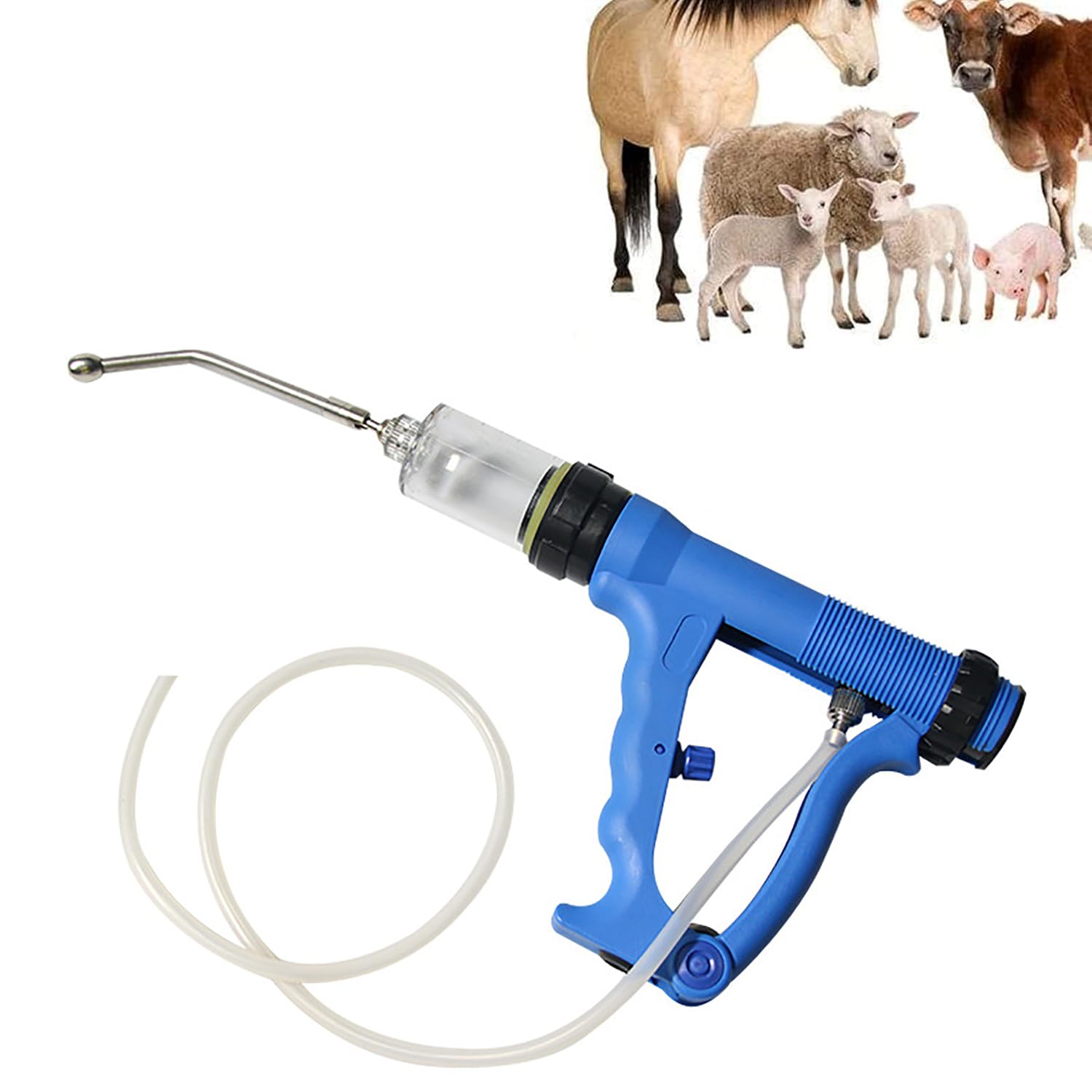 Durchlaufspritze für Nutztiere mit bissfester Spitze, automatischer Verriegelung und einstellbarer Dosierung für effiziente Tierfütterung und Medikamente