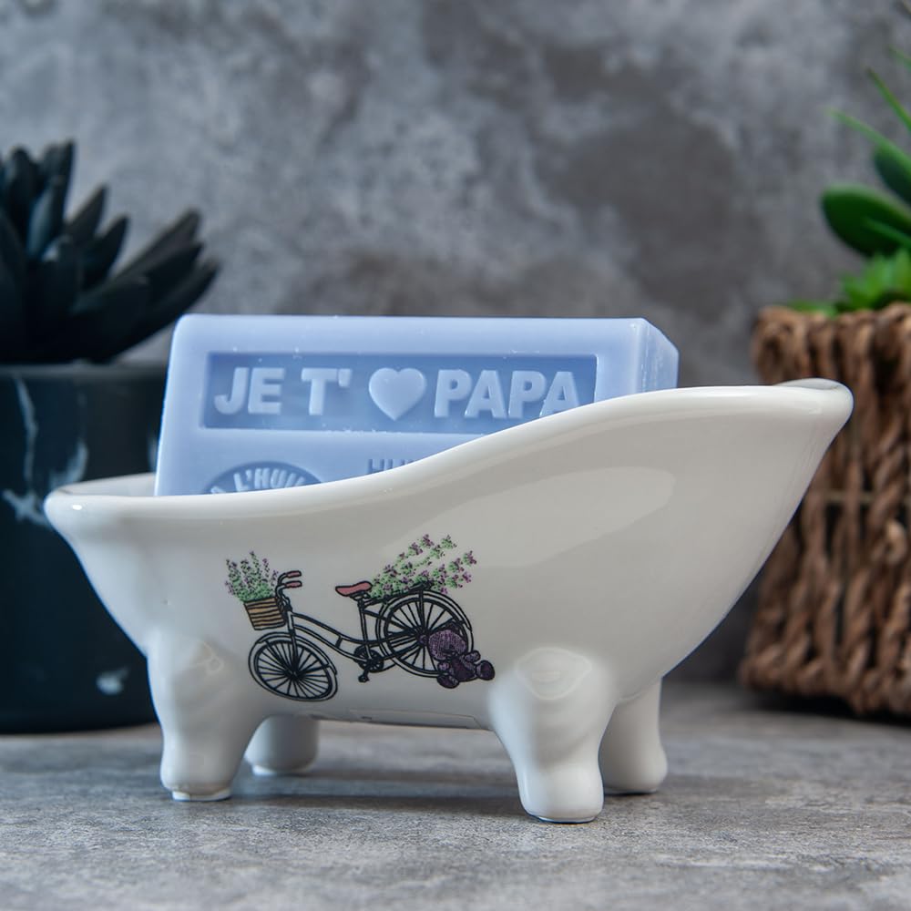 Label Provence Nature Multicoloured Savon De Marseille Soap Dish - French Vintage Style Ceramic Clawfoot Bathtub - Self Draining - Perfect For Bathroom Kitchen Or Home Decor - Bike & Basket -14.5 X 7 X 6.5Cm