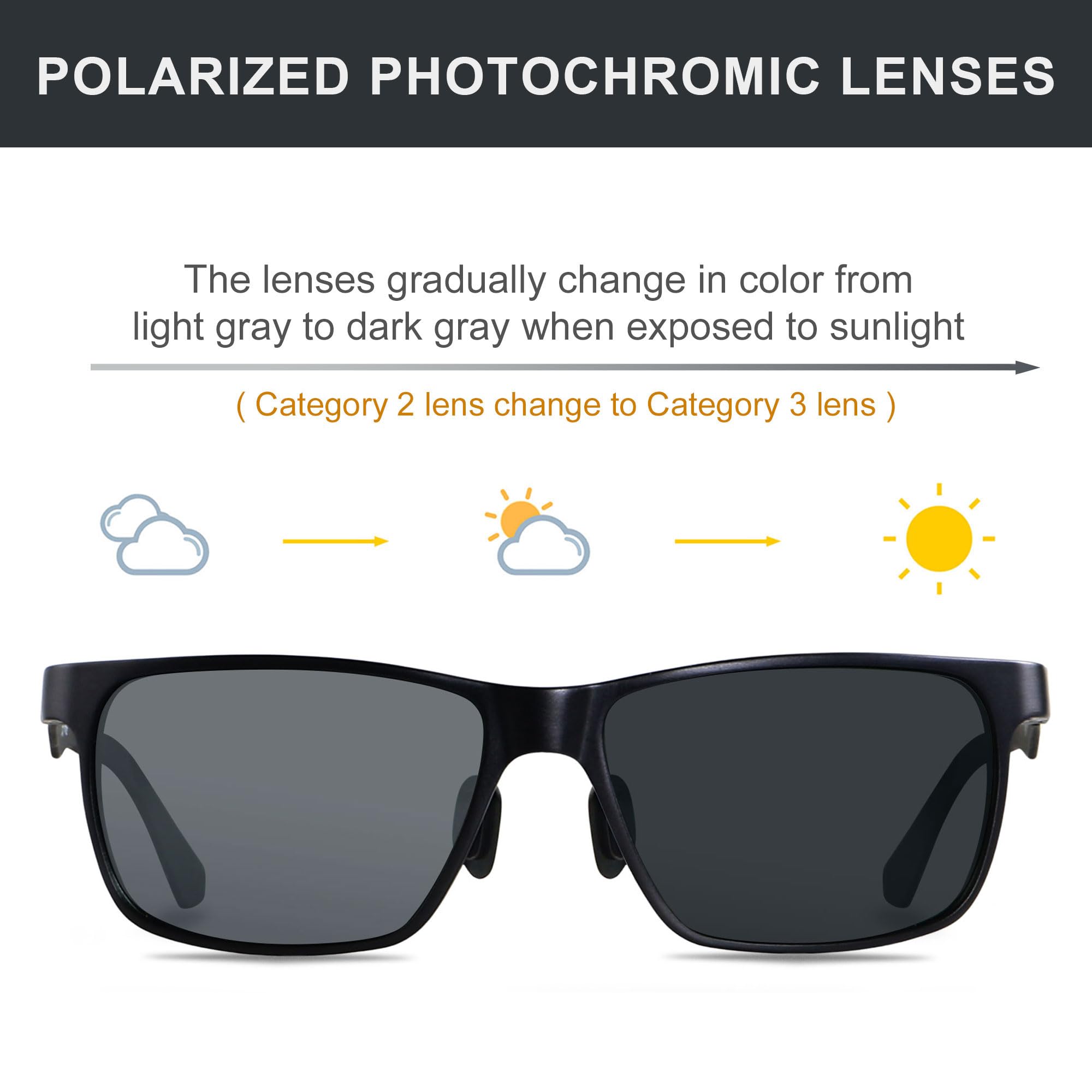 EKOZACK Carbon Fiber Photochromic Sunglasses for Men Polarized Ultralight Classic Large Big Square Sun Glasses Driving Fishing Golf Transitional