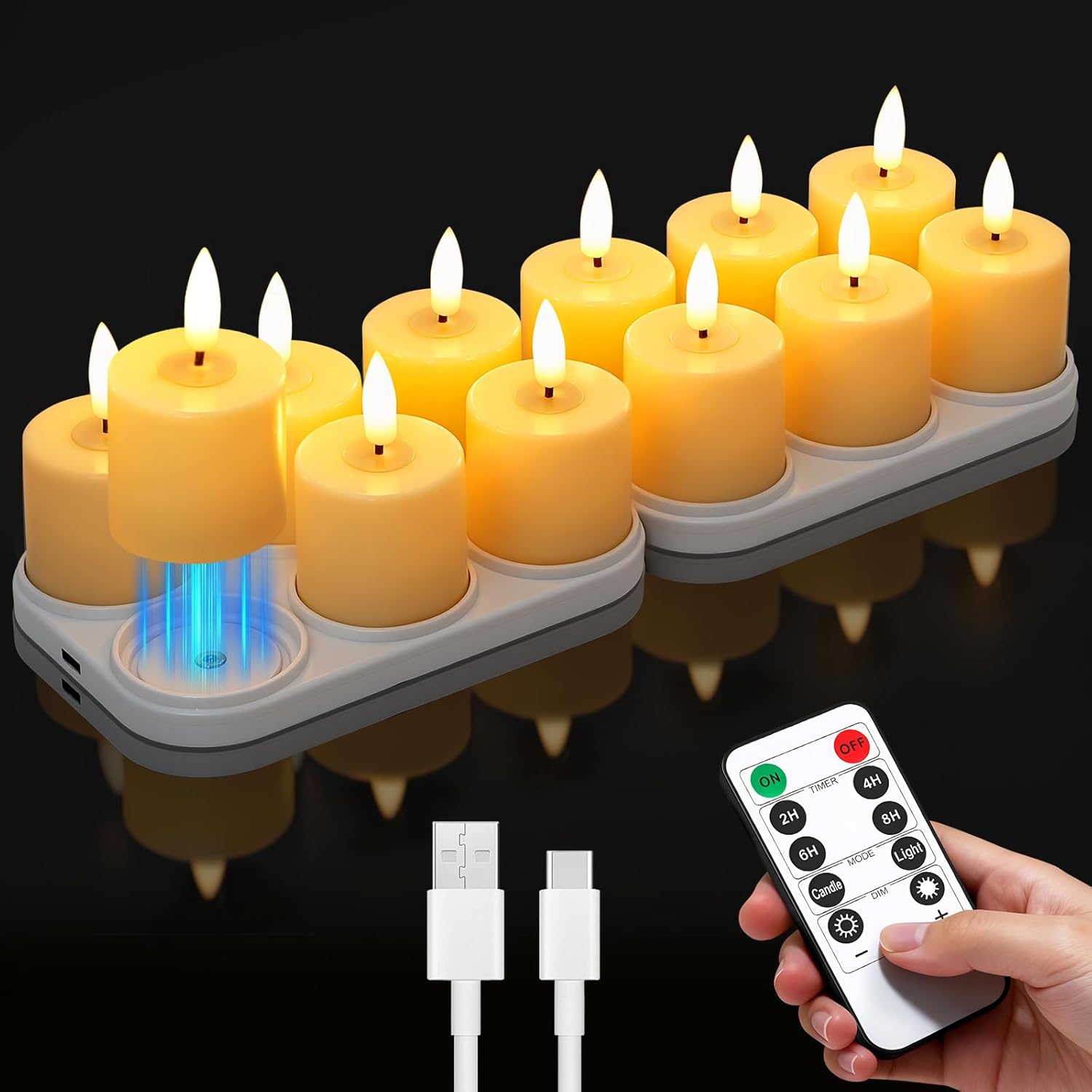 SUPERSUN Rechargeable Flameless Candles with Remote Timer & Magnetic Charging Base, 12 Pack LED Tea Lights Candles Battery Operated,Small Votive Candles for Christmas, Halloween, Wedding, Home Decor