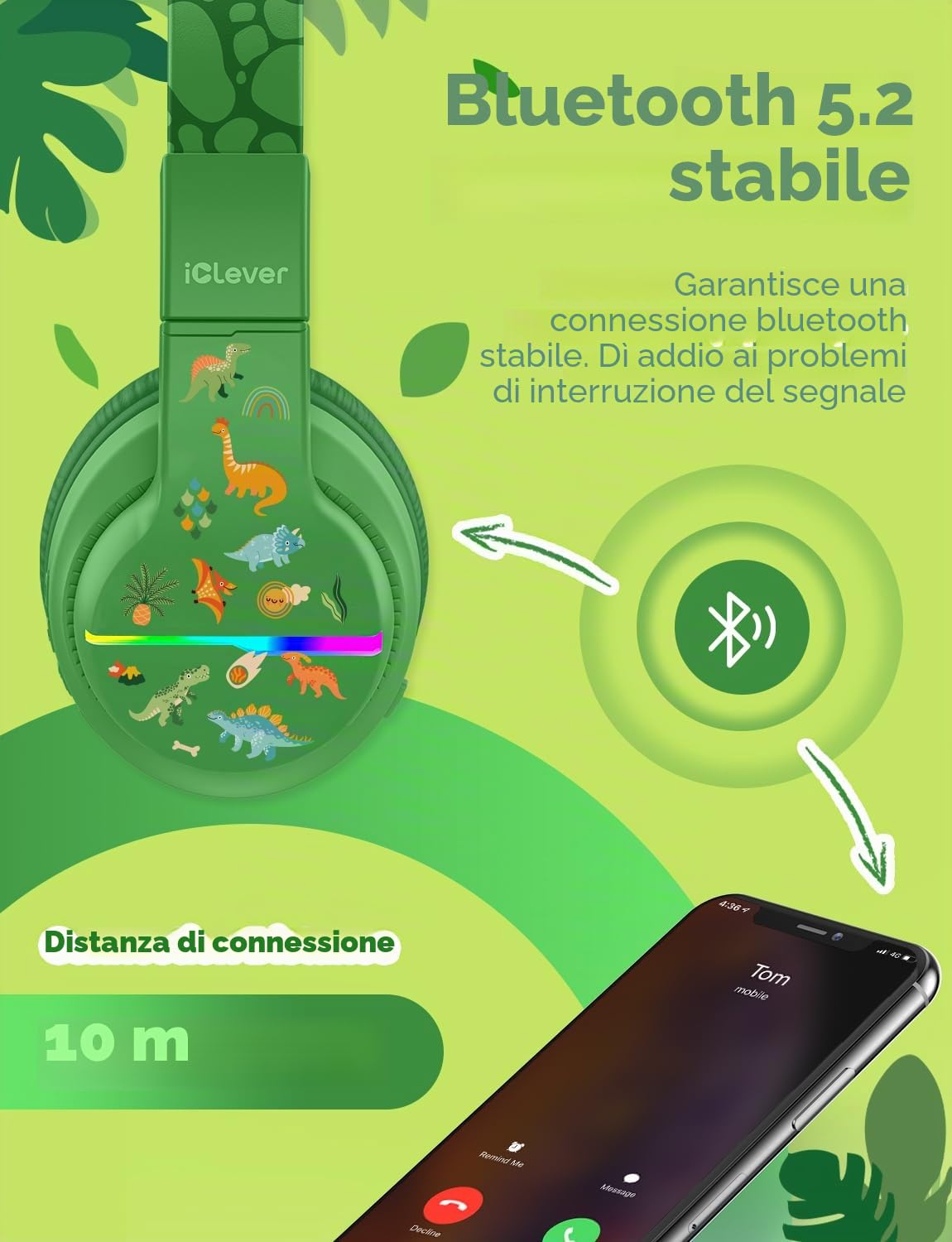 iClever BTH12 - Cuffie Bluetooth per bambini, con luci LED colorate, senza fili, volume sicuro 74/85 dBA, 85 ore di riproduzione, Bluetooth 5.2, microfono integrato per iPad/tablet/aereo