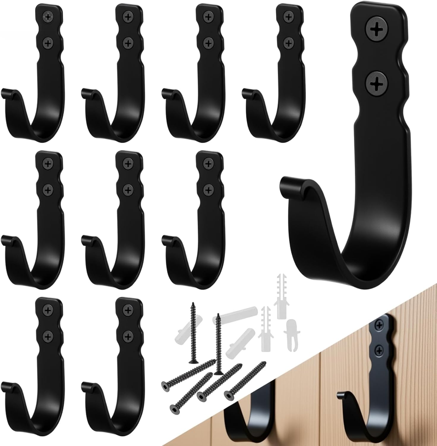 10 Pack Small Coat Hooks, Metal Wall Hooks for Heavy Duty Use, Handmade Cast Iron J Hook for Pantry, Entryway & Farmhouse Decor, Vintage Style with Secure Mounting (Black)