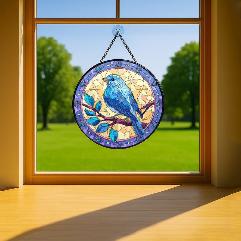 Bluebird on Branch Stained Glass Window Hanging - Sun Catchers Indoor Window Stained Glass Panels Wall Decor for Mom，Wife，Lovers 7.8in -89