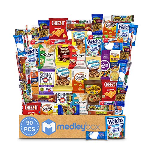 MedleyBox Care Package (90 Count) Variety Pack Snacks Gift Box Ultimate Sampler Mixed Bars, Chips, Cookies & Candy For Office, Schools, Friends & Family, College, Halloween, Holidays Gift Box