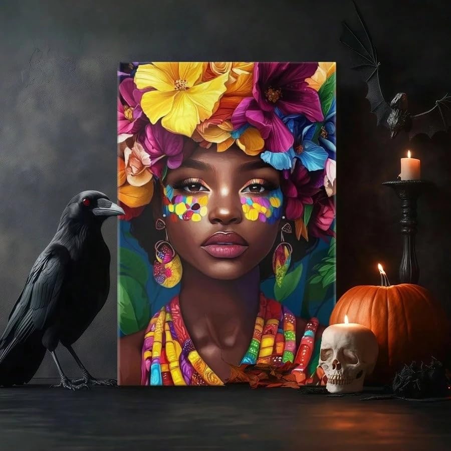 Toile Fille noire et maquillage coloré pour une touche de poésie