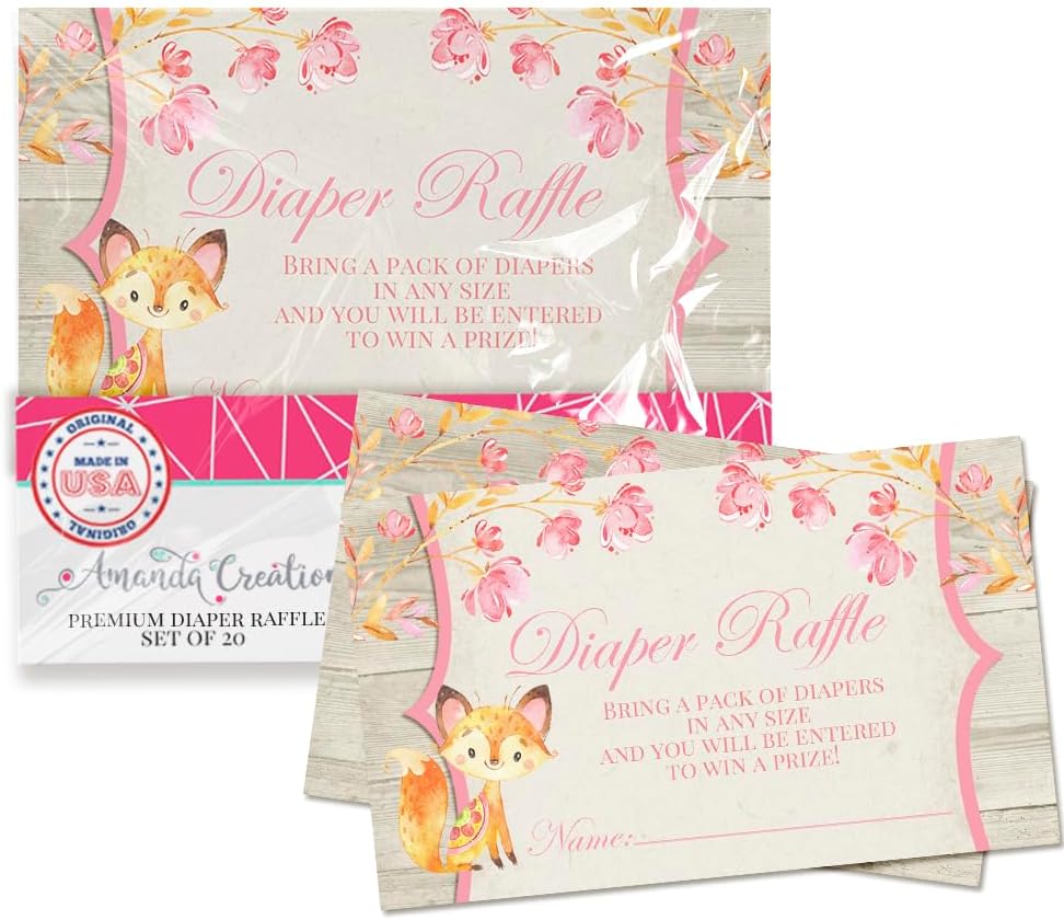 Amanda Creation Watercolor Floral Woodland Fox-Themed Diaper Raffle Tickets for Girl Baby Showers, 20 2" X 3” Double Sided Inserts, Bring a Pack of Diapers to Win Favors & Prizes!