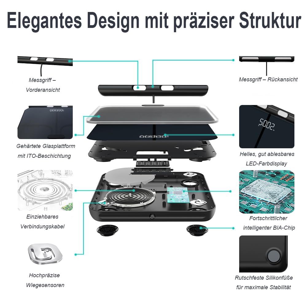 health the body pod smart scale Körperzusammensetzungswaage 8 Elektroden – Intelligente APP-Fitnesswaage, Dualfrequenz, Präzise elektronische Waage