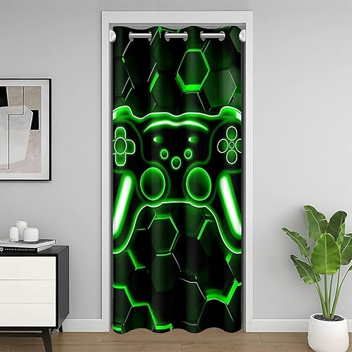 Erosebridal Gamer Door Curtain for Door Window Neon Honeycomb Gaming Blackout Curtains for Bedroom, Game Boy Games Green Hexagon Lights Doorway