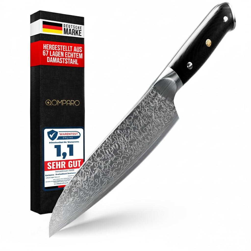 Qomparo Santoku Damastmesser Profi Kochmesser aus 67 Lagen Damaststahl, Japanisches Kochmesser extrem scharf mit ergonomischem G-10 Griff inkl Geschenkverpackung