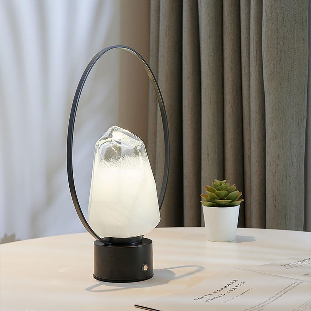 Lampada da tavolo ricaricabile senza fili in vetro diamantato da comodino, in ottone, lampada da scrivania moderna a LED luci da campeggio (scura)