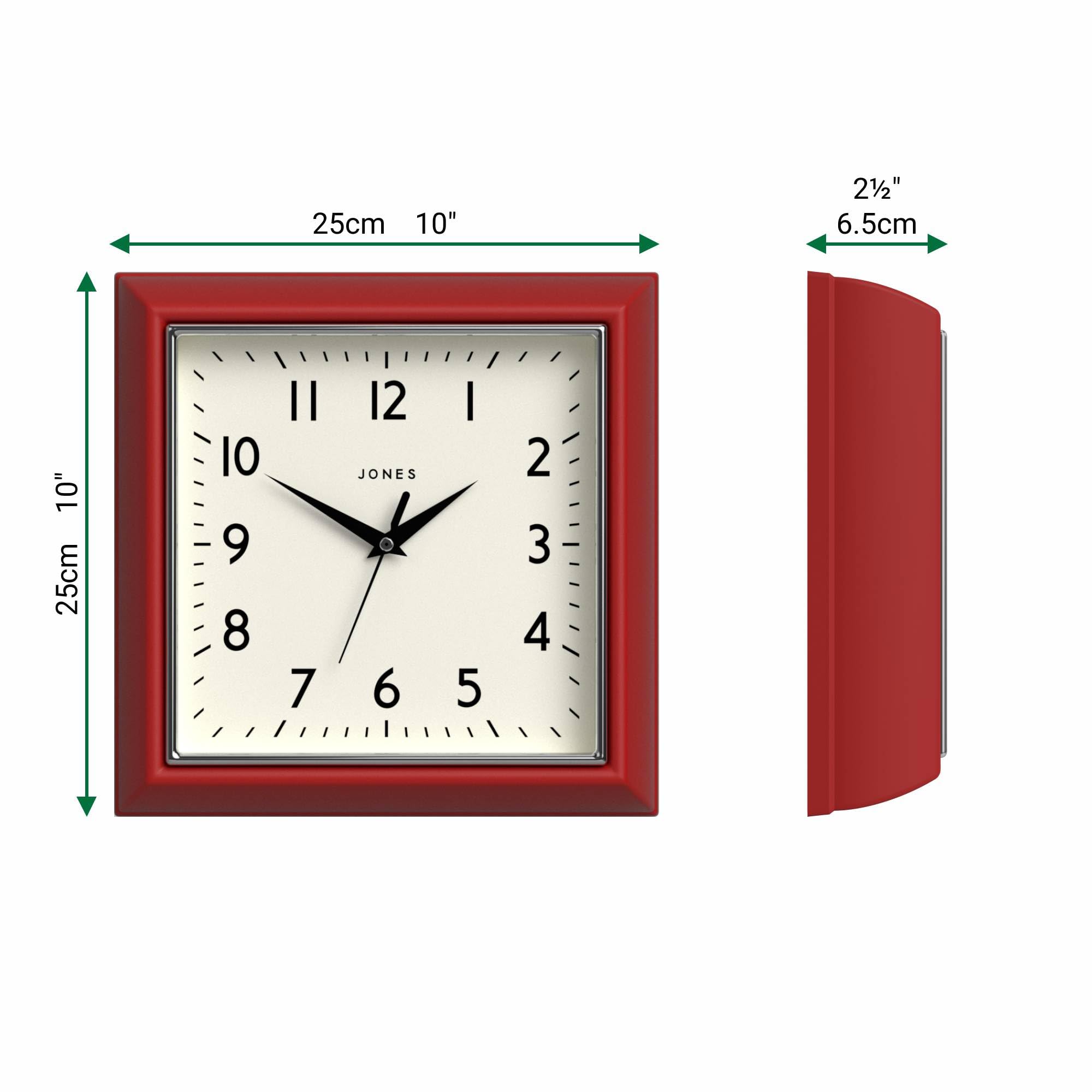 JONES CLOCKS® Mustard Reloj de Pared | Reloj Retro Cuadrado | 25cm | Rojo | Estilo Diner Cocina, salón o Oficina
