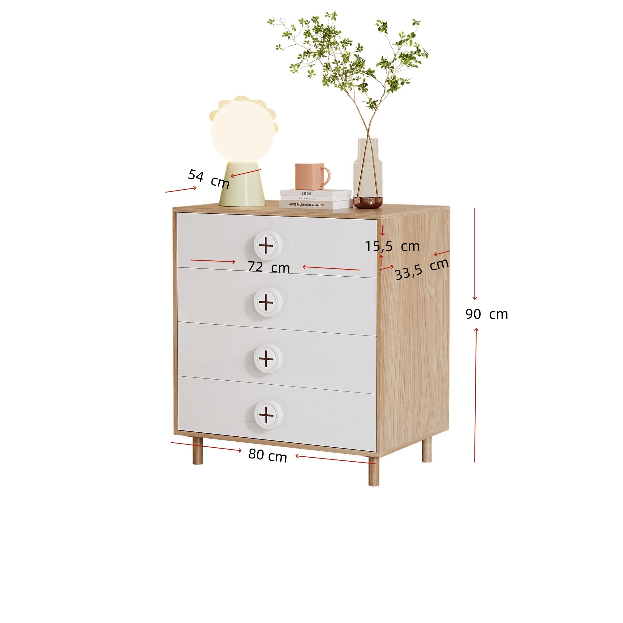 HAINEW Komoda, stolik nocny z 4 szufladami, szafka do przechowywania, duża przestrzeń do przechowywania, 80 x 54 x 90 cm, kolor drewna + biały, HNDE25112405