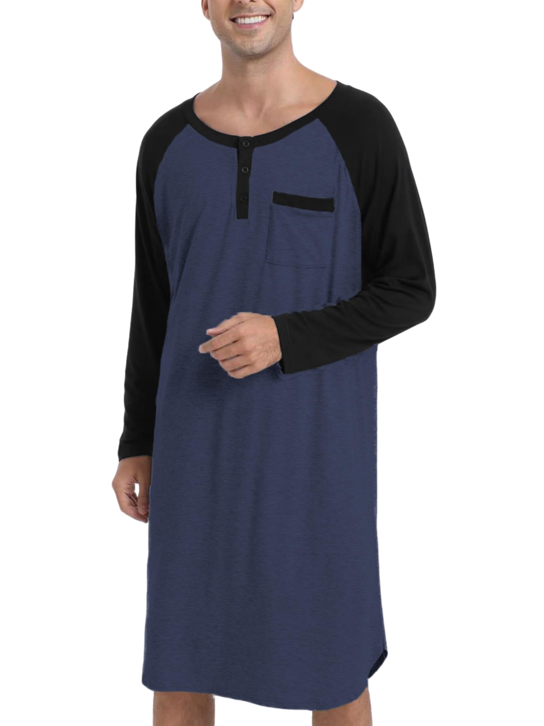 Enjoyoself Herren Nachthemd Langarm Baumwolle Langes Schlafshirt Leicht Luftig Pyjamaoberteil Nachtwäsche für Krankenhaus