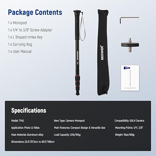 Miniatura 8 de NEEWER Soporte monopie para cámara de 66.5 pulgadas, monopie de viaje de aluminio ligero para videocámara DSLR, fotografía y grabación de video,