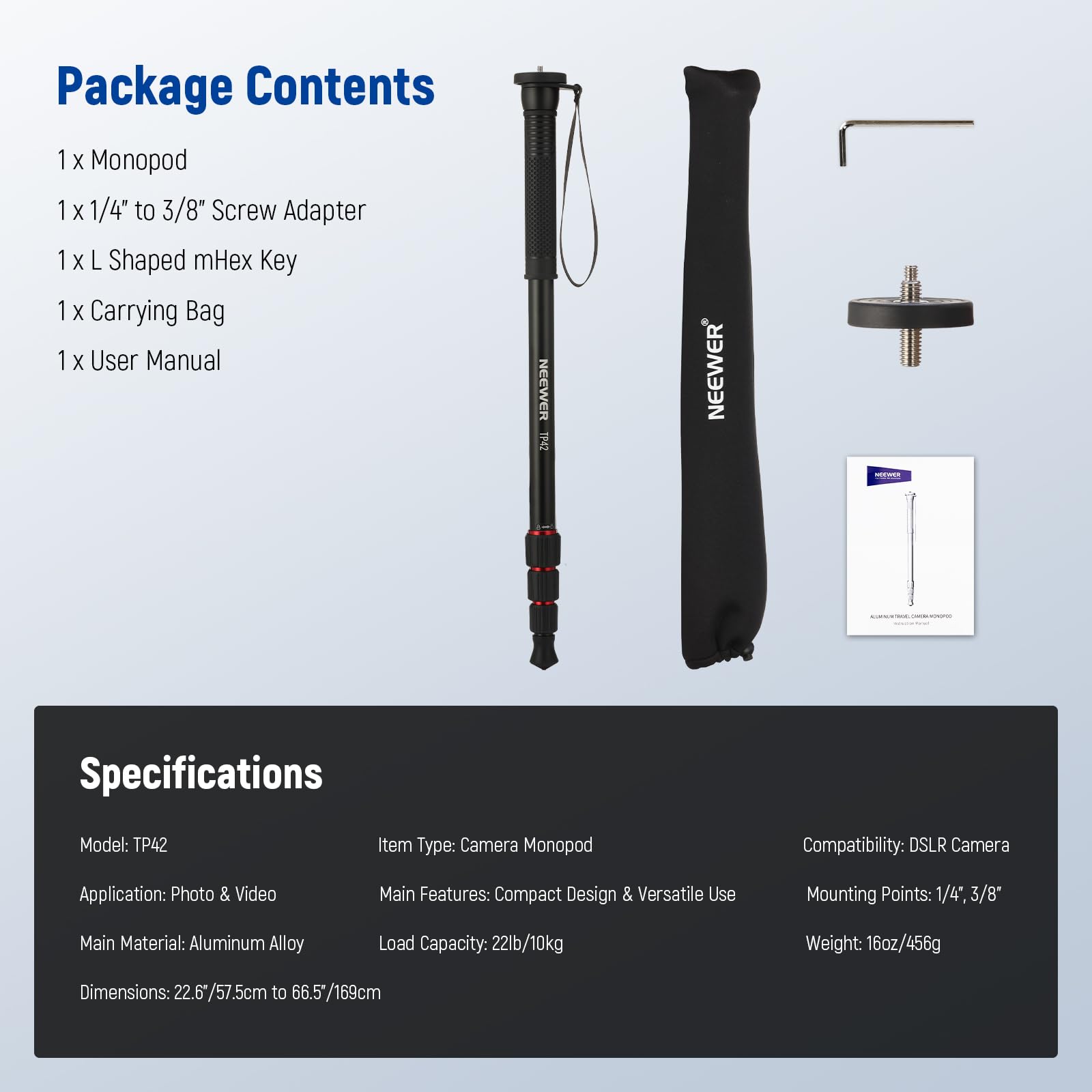 NEEWER 66,5" Kamera Einbeinstativ, Leichter Aluminium Reise Selfie Stick für DSLR Camcorder Fotografie und Videoaufnahmen, 1/4" und 3/8" Schraubenadapter, maximale Belastung 22 lb, TP42