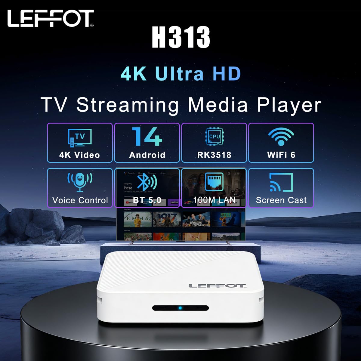 Android 14.0 TV Box 2026, 2Go RAM + 16Go ROM, LEFFOT H313 4K Ultra HD Boitier IP-TV pour Streaming, Support 2.4/5G WiFi 6, 100M Ethernet, Contrôle Vocal, BT 5.4, USB 3.0, HDR10, RK3518 Quad-Core A53