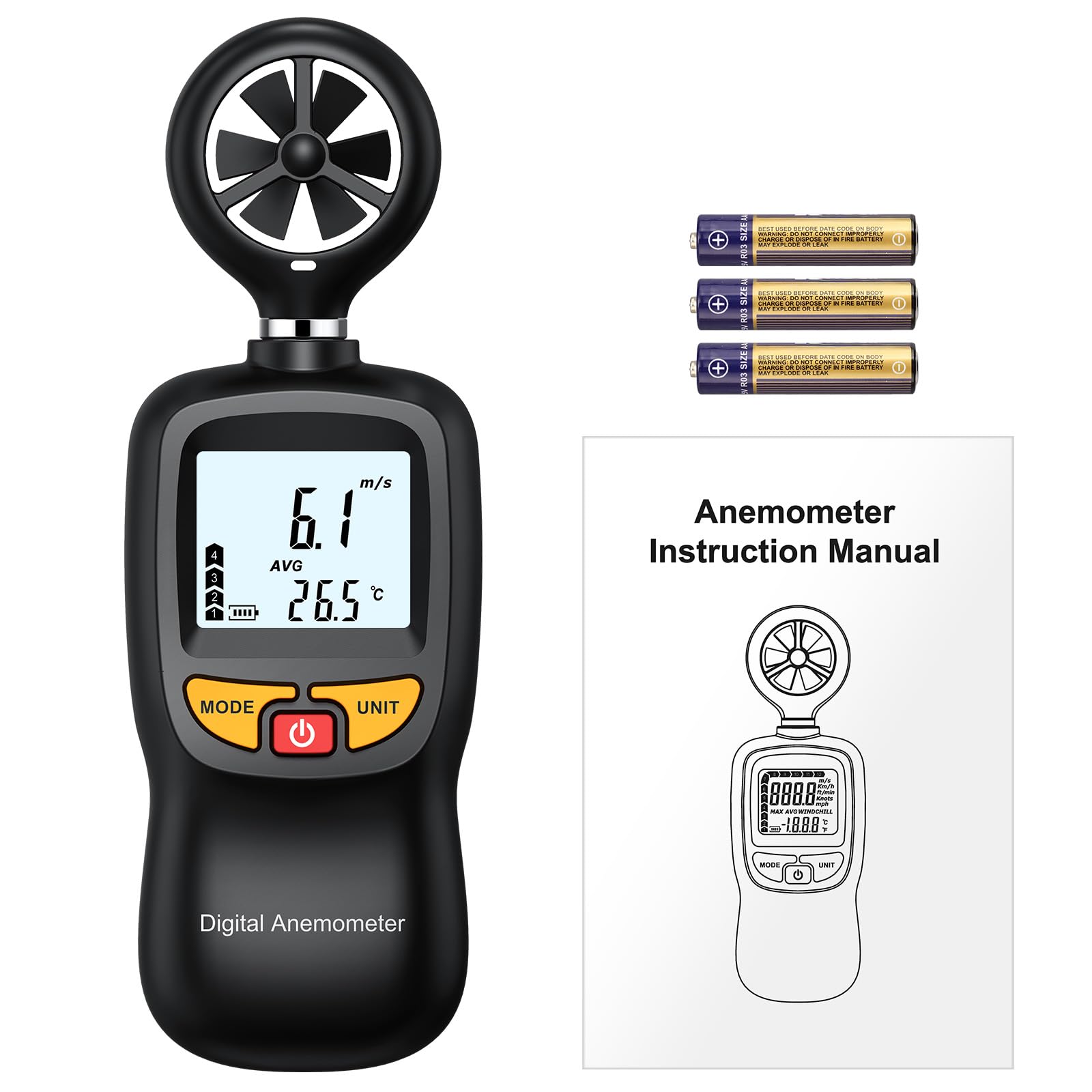 Handanemometer Digital Mini Windgeschwindigkeitsmesser mit LCD Hintergrundbeleuchtung, Luftstrommesser mit Temperatur & Windchill, Max/AVG Modus für HVAC Segeln Drohne Golf