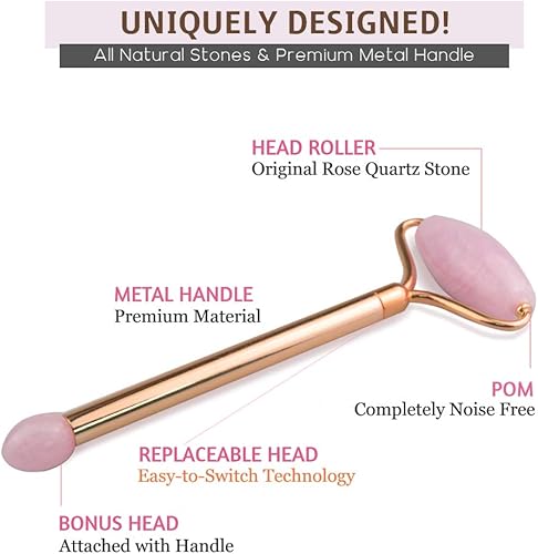 Miniatura 2 de Juego de rodillos de jade facial de metal, piedra de cuarzo rosa de jade 100% auténtica, rodillo facial de acupuntura 3 en 1 para arrugas