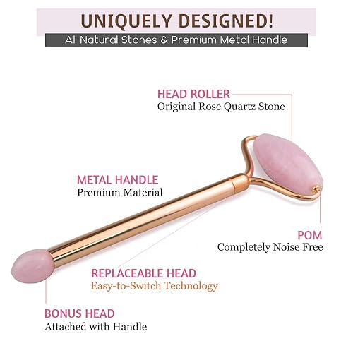 Miniatura 2 de Juego de rodillos de jade facial de metal, piedra de cuarzo rosa de jade 100% auténtica, rodillo facial de acupuntura 3 en 1 para arrugas