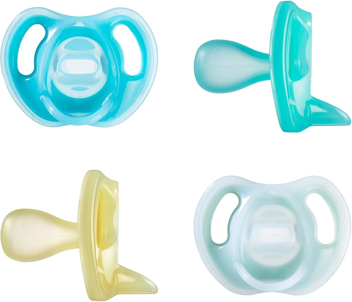 Chupete Tommee Tippee ultraligero, 6-18 meses, silicona, paquete de 4 | Diseño simétrico de una sola pieza, binkies de silicona sin BPA, azul/verde/amarillo