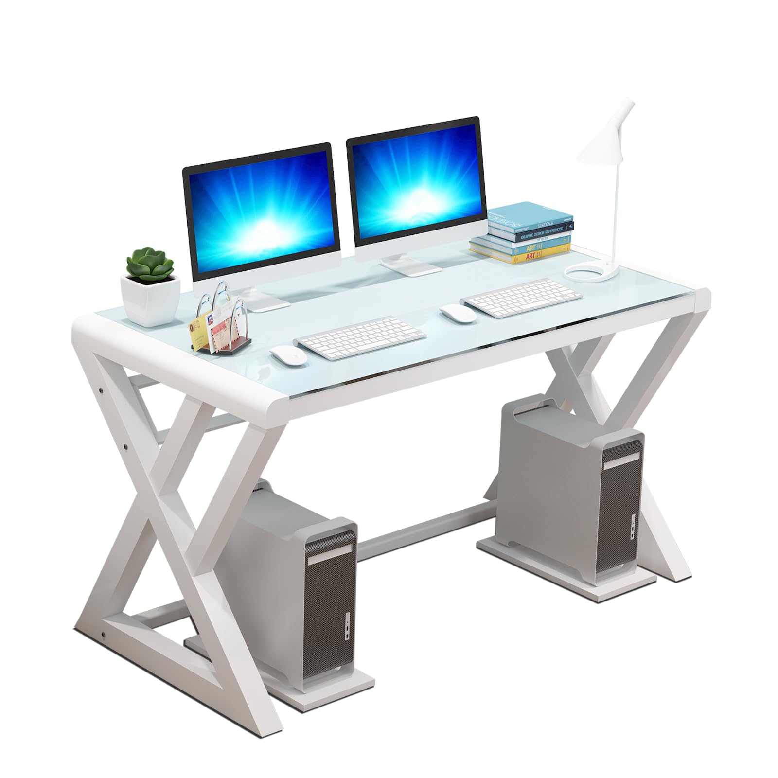 IPKIG Tempered Glass Computer Desk, Modern Study Office Desk with Metal Frame and Glass Top, Writing Study Desk Table, Gaming Desk for Home Office