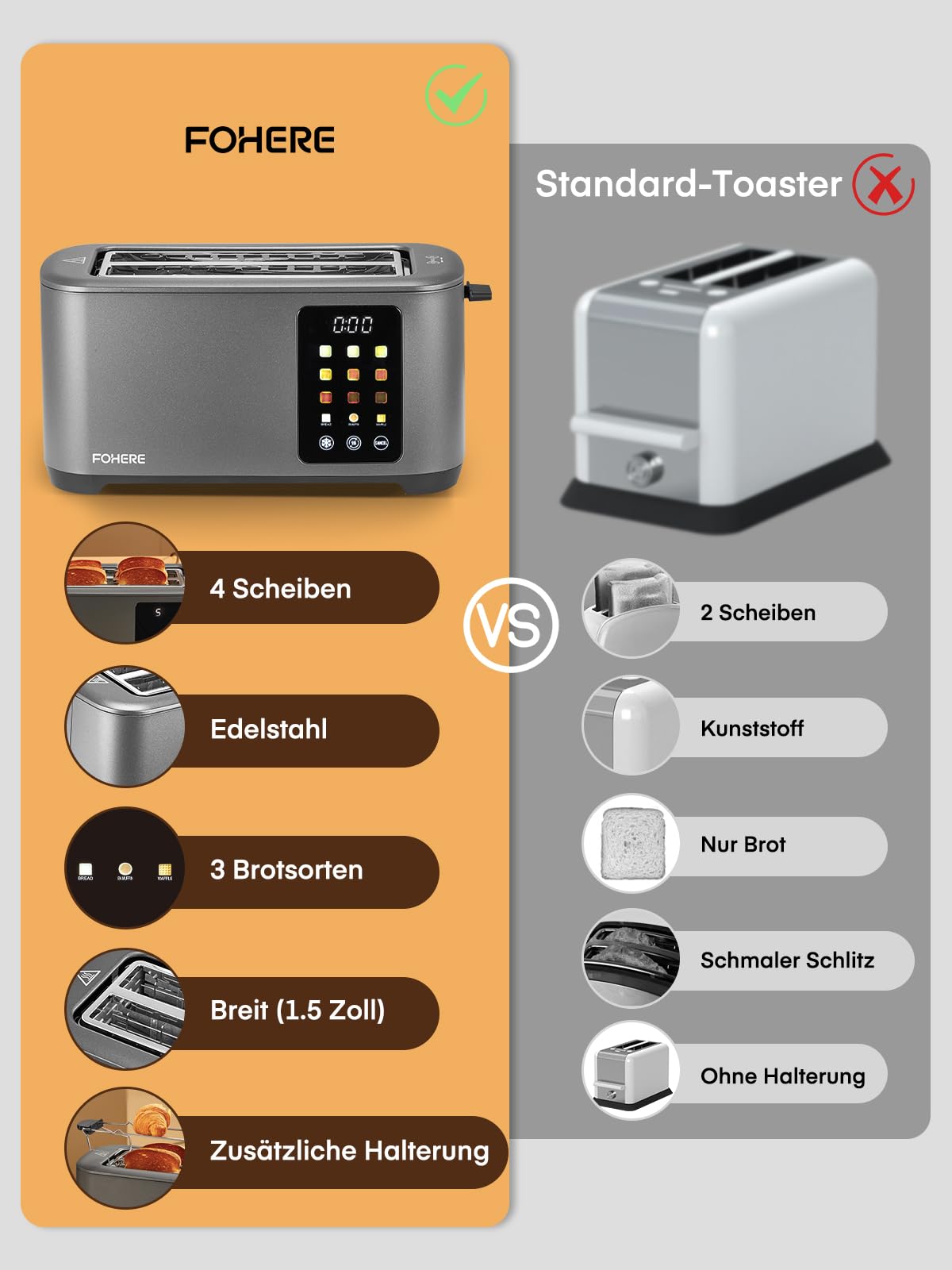 Toaster 4 Scheiben, 1400W Edelstahl Langschlitz Toaster, 9 Farbeinstellungen und 3 Brotsorten, Abbruch/Auftau/Aufwärmfunktion,Touchscreen Bedienung, mit Brötchenaufsatz, Grau