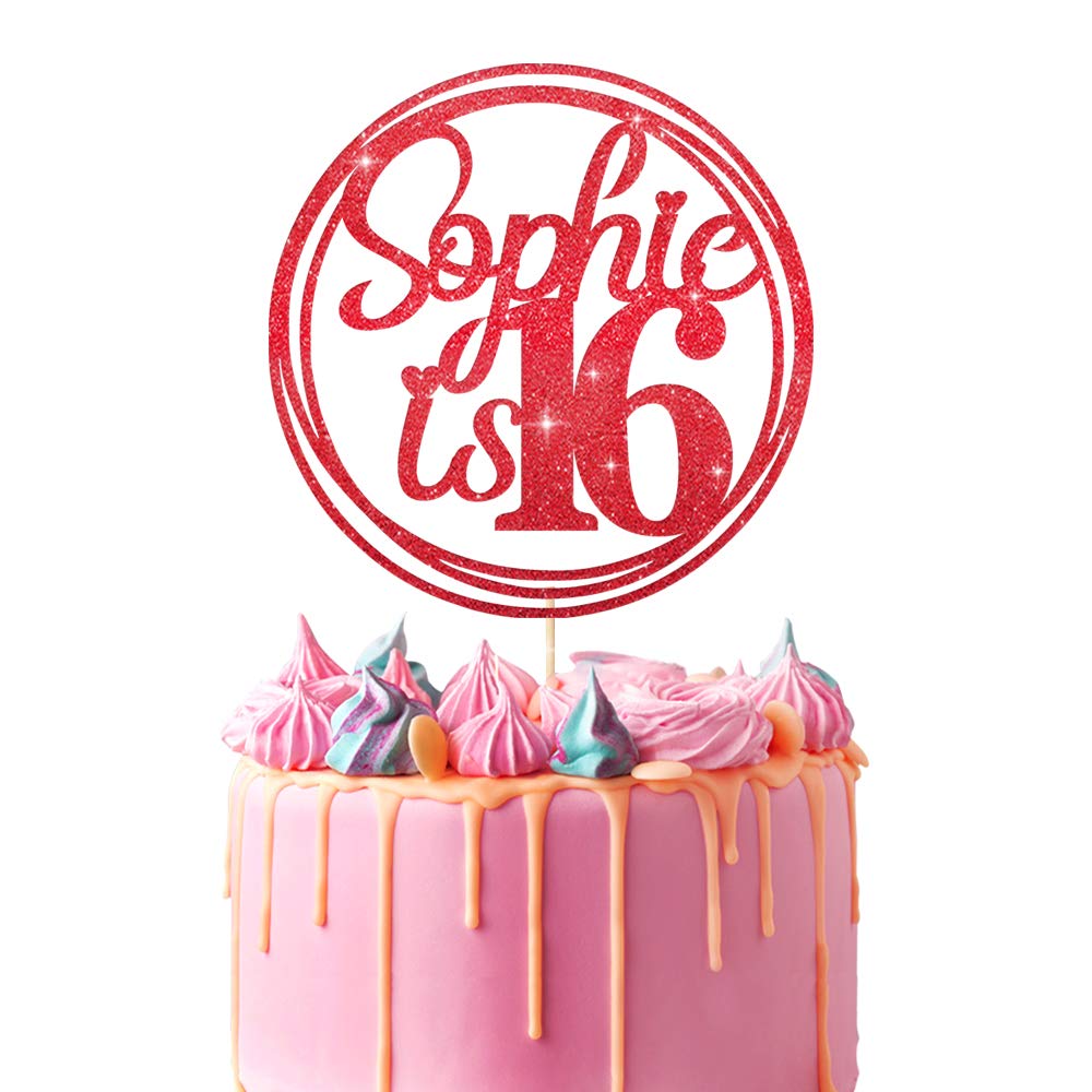 Personalised Birthday Cake Topper | Customized with Any Name Any Age 16 18 21 40 60 Party Cake Decoration | Double Sided Glitter Card | Red