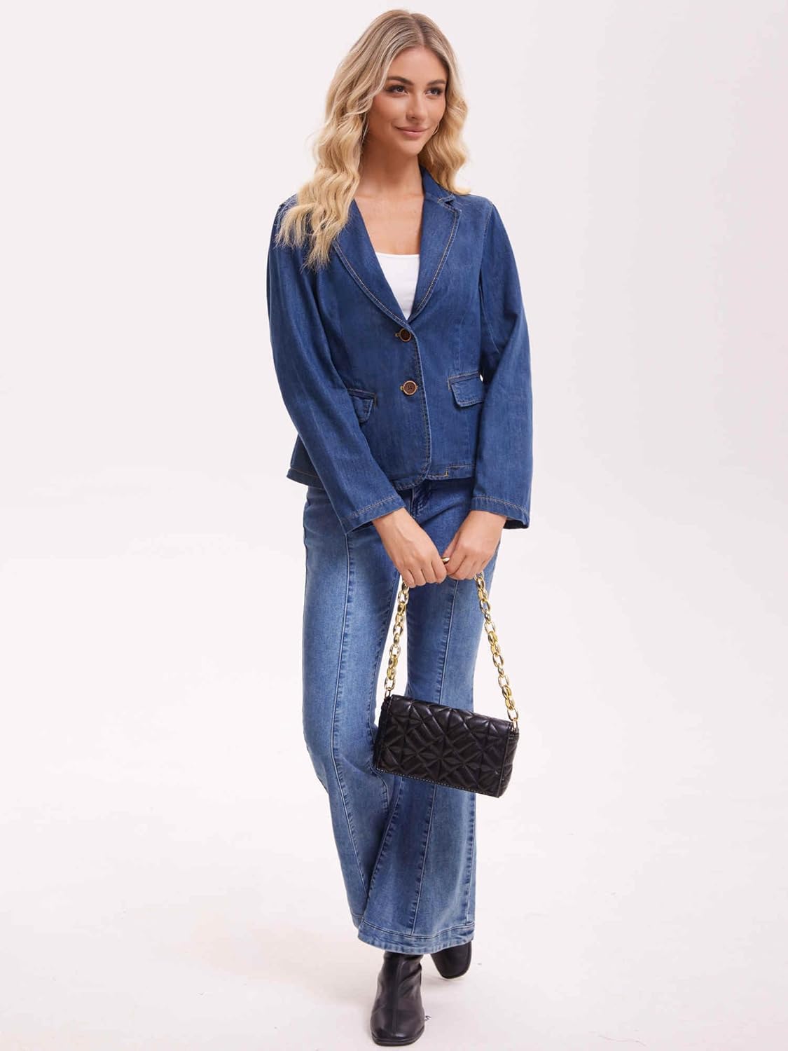 Women's Denim Jacket Notched Lapel Collar Long Sleeve Button Lightweight Fitted Denim Blazer - Image 6