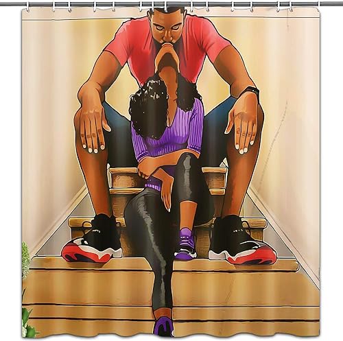 Juego de cortinas de ducha de tela con diseño de pareja africana con ganchos, impermeable, lavable, 72 x 72 pulgadas, negro, morado, rojo