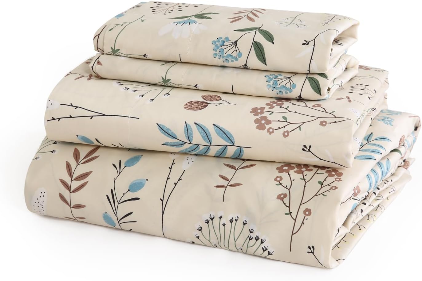 JSD Beige Boho Floral Cotton Sheet Set King Size, 300 TC Printed Sateen Bed Sheets Deep Pocket, Soft Breathable Wrinkle Free
