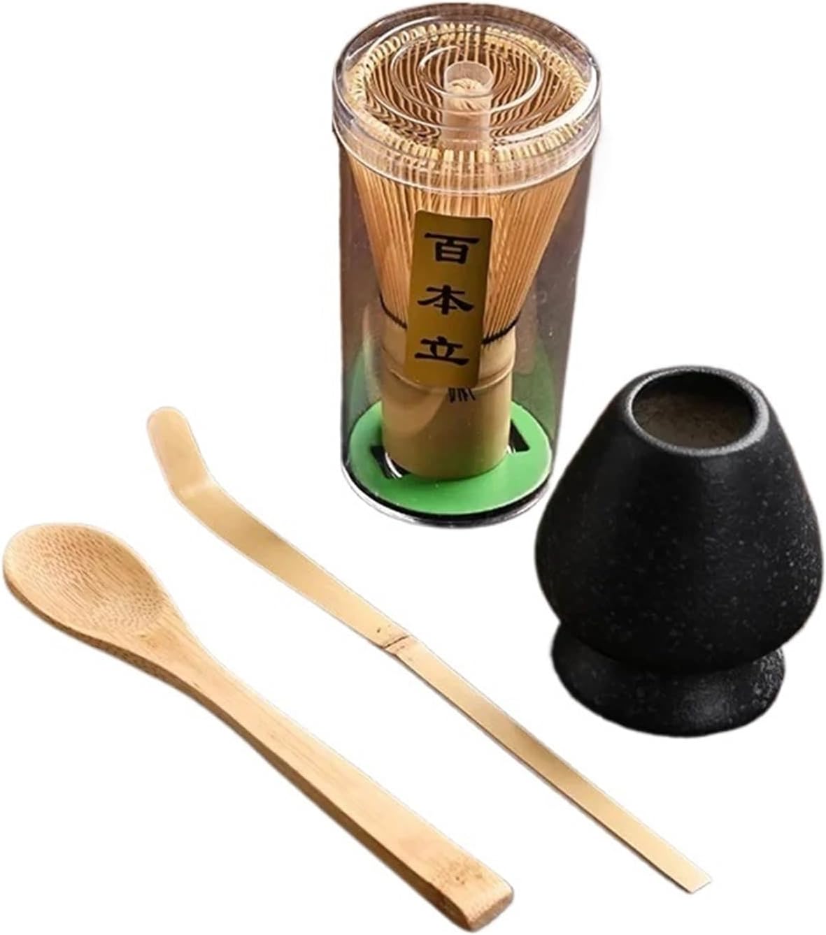 4 IN 1 Bamboo Matcha Powder Teaspoon Ceramic Bowl Tranditional Tea Matcha (Chasen) Sets Home Tea-making Accessories(4 in 1-05)