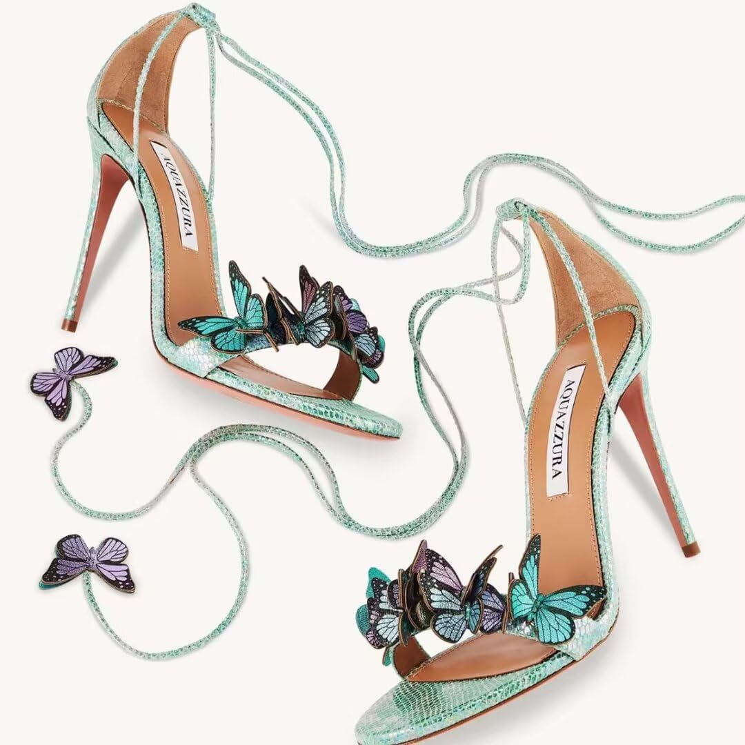 Sandali da donna con tacco a spillo con avvolgente alla caviglia a forma di farfalla, punta aperta, scamosciati, con lacci, eleganti, con tacco alto, per matrimonio e feste, Blu, 40 EU
