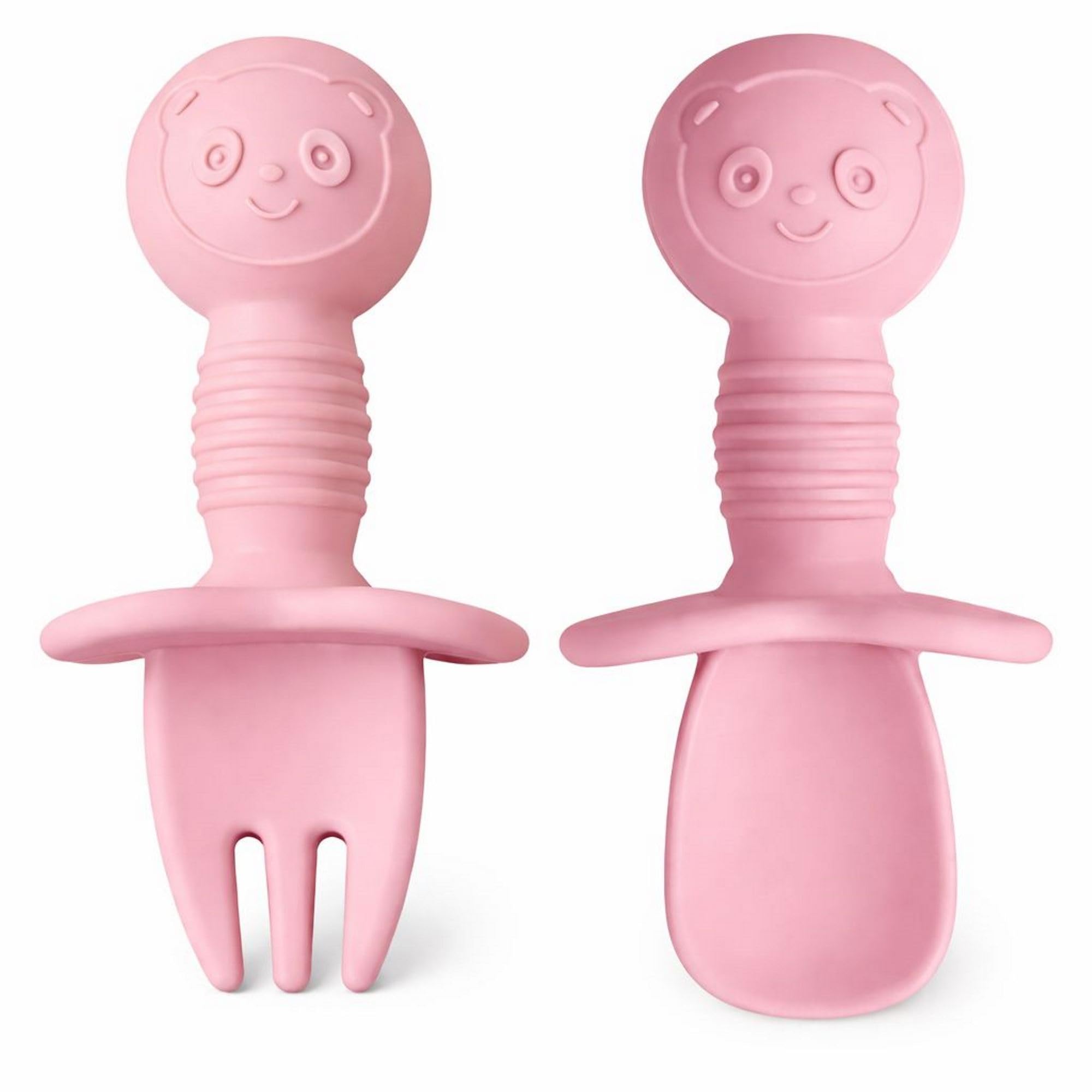 UCRAVO Baby Self Feeding Spoon and Fork Set for Toddlers Silicone Training Spoon Fork Set Anti Choke Guard Self Feeding Utensils for Babies Soft Toddler Learning Spoon Baby Led Weaning Spoon Set Pink-image-38