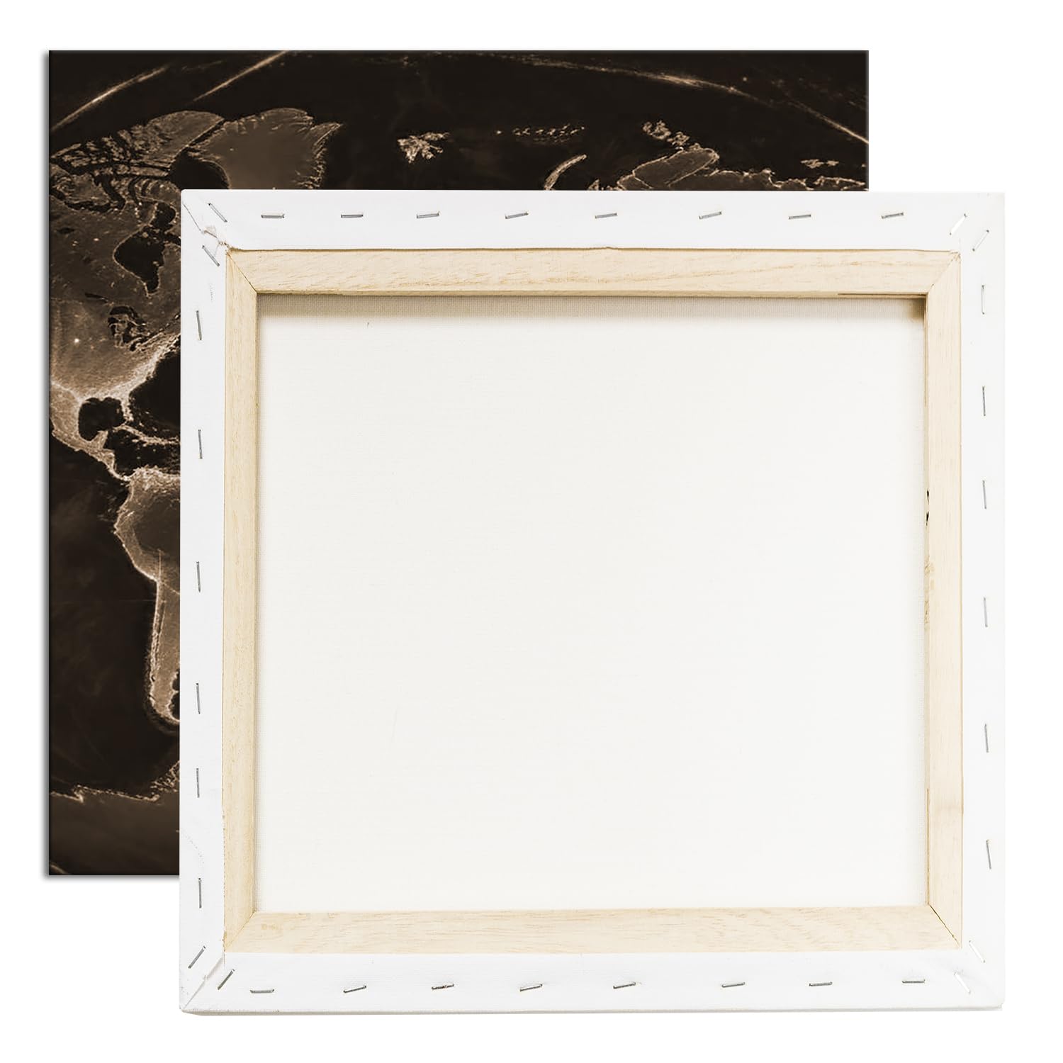 Mapamundi luminoso en la oscuridad, los continentes brillan como venas brillantes de la tierra. Formato: 70 x 70 cm. Efecto: sepia como lienzo, diseño enmarcado en marco de madera auténtica, impresión